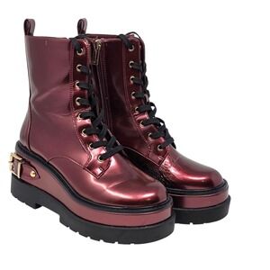 Jessica Simpson Platform Bootie Red Patent Combat Lace Up Buckle Ankle Boot Sz 6